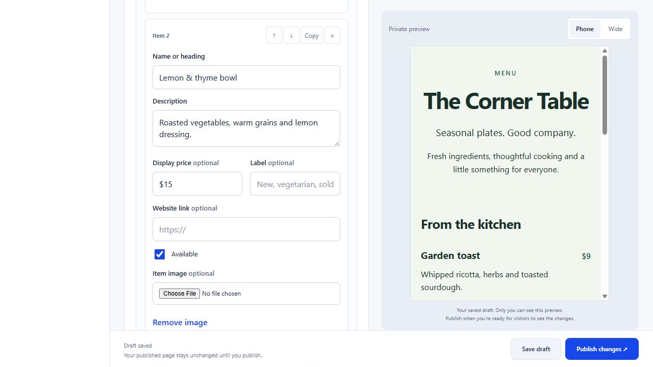ClickiClick menu editor with the lemon and thyme bowl price changed to $15, a saved draft, phone preview and Publish changes button.